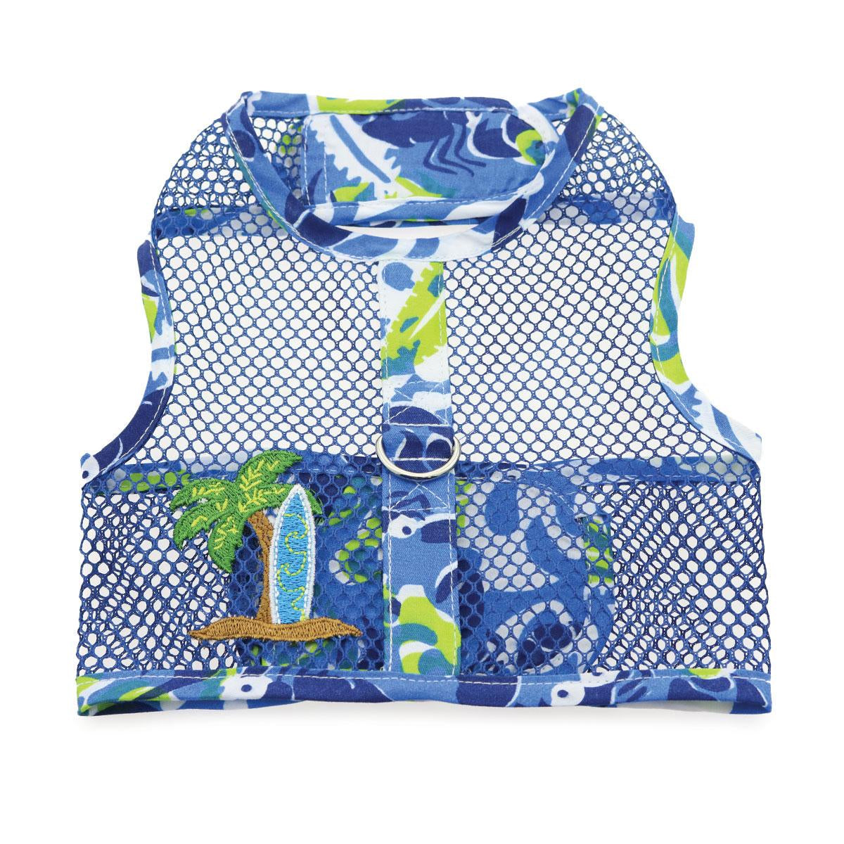 Cool Mesh Dog Harness with Leash - Surfboard Blue and Green - Ocean Blue and Palms