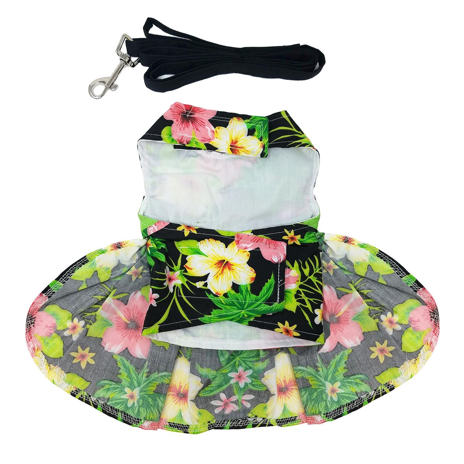 Twilight Black Hawaiian Hibiscus Dog Dress with Leash