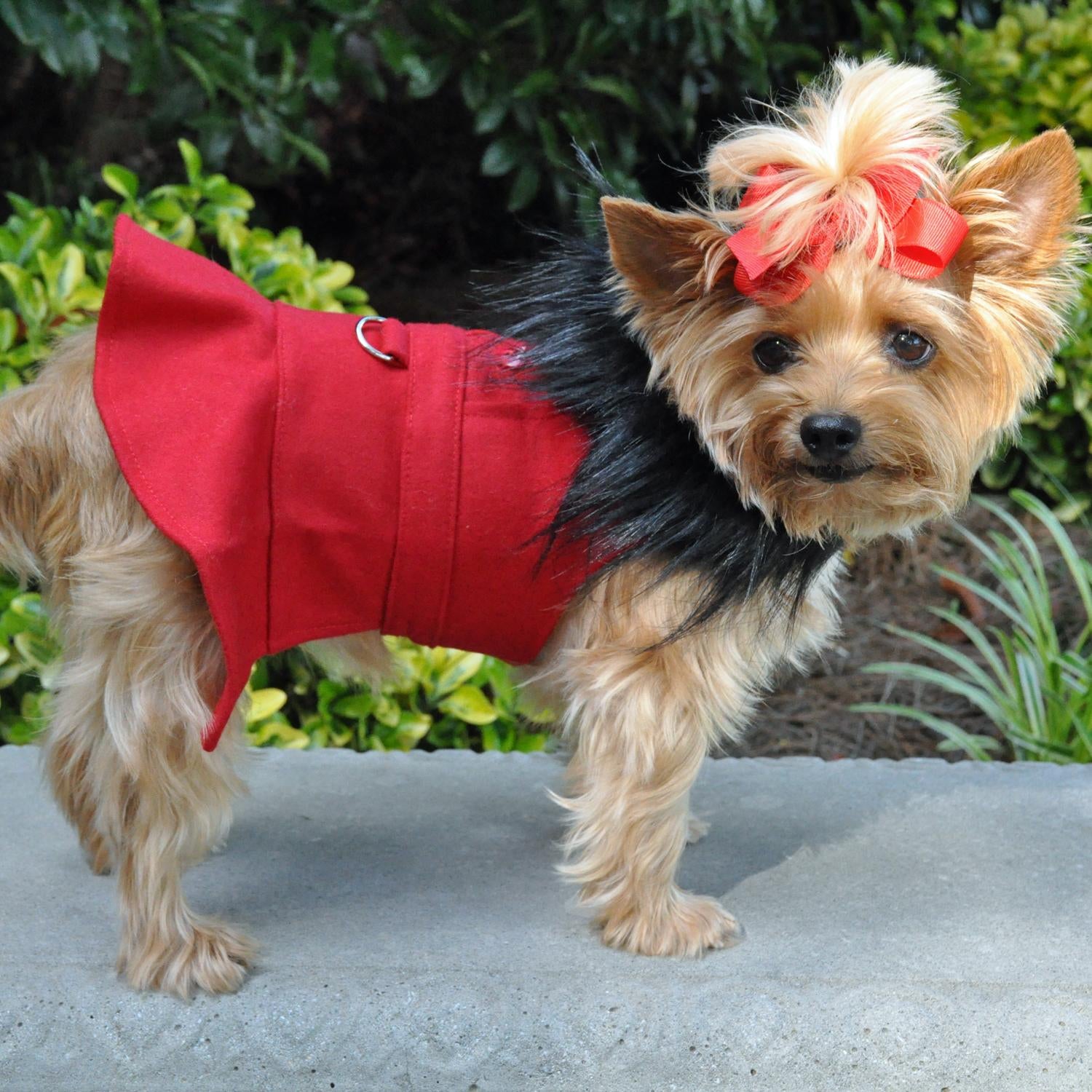 Wool Fur-Trimmed Dog Harness Coat - Red